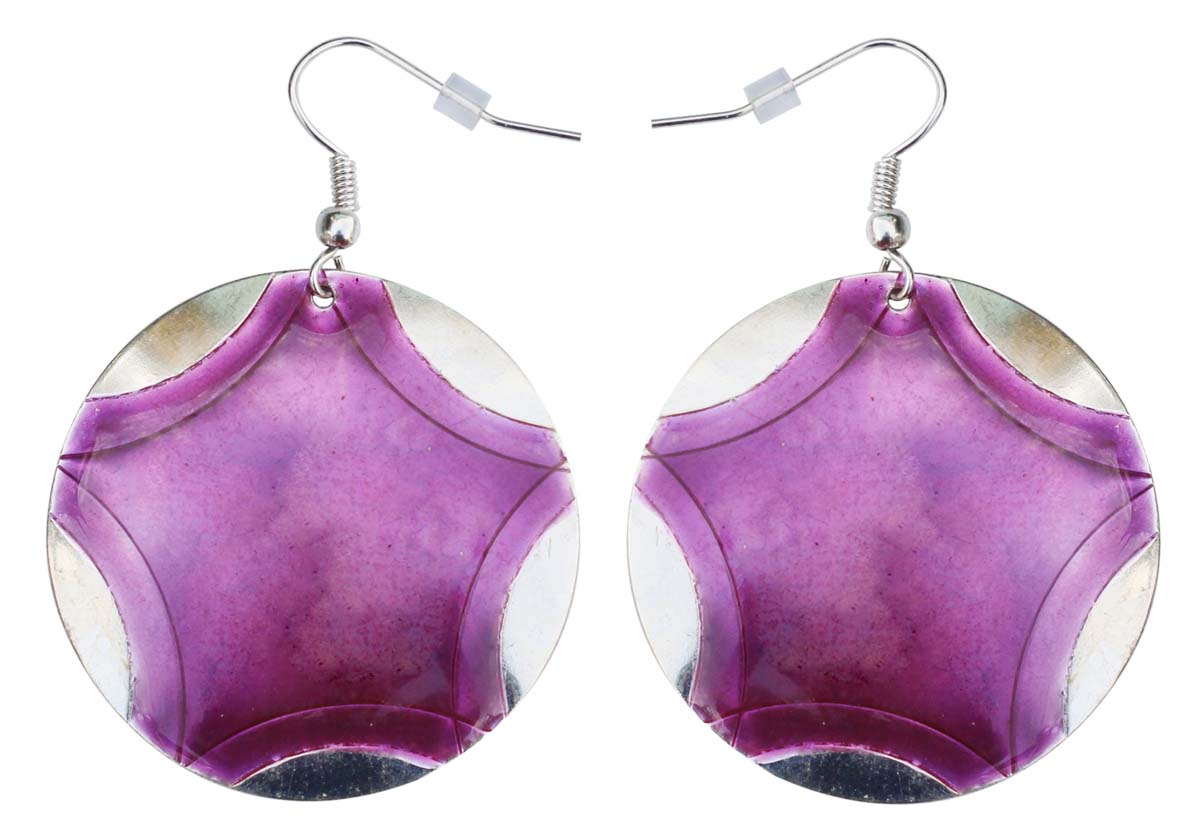 Pair of Round Hook Earrings in Brass - 2.5” Silver Purple Tone - Drop Earrings / Women Fashion Jewelry - Buy in Bulk Wholesale